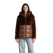 Blauer women brown hooded winter blazer with brown faux fur and quilted nylon puffer jacket details
