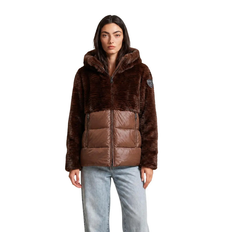 Blauer women brown hooded winter blazer with brown faux fur and quilted nylon puffer jacket details