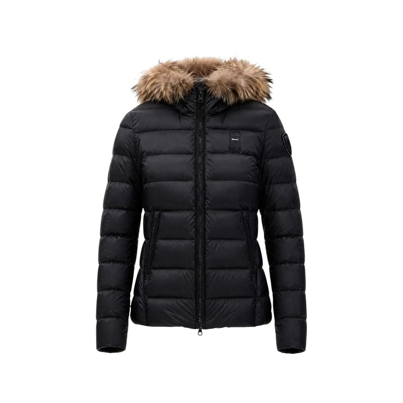 Blauer women nylon hooded blazer black featuring a quilted black puffer jacket with plush brown fur-lined hood