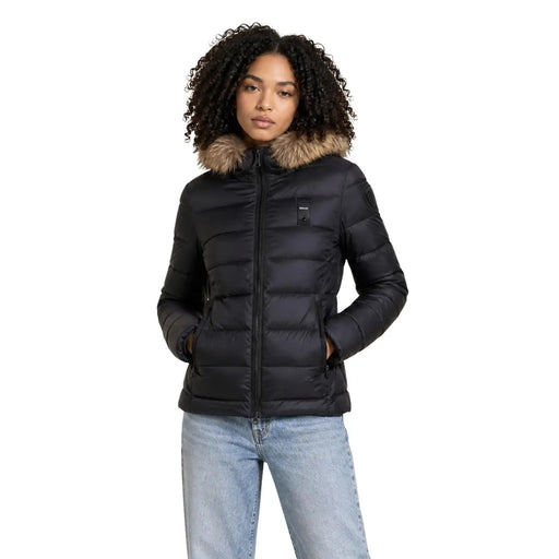 Blauer Schwarzer Damenblazer aus Nylon mit Kapuze, gestepptem Design und pelzgefütterter Kapuze