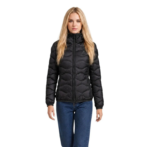 Blauer Schwarze, gesteppte Nylon-Damenjacke mit hohem Kragen und Reißverschluss für kaltes Wetter