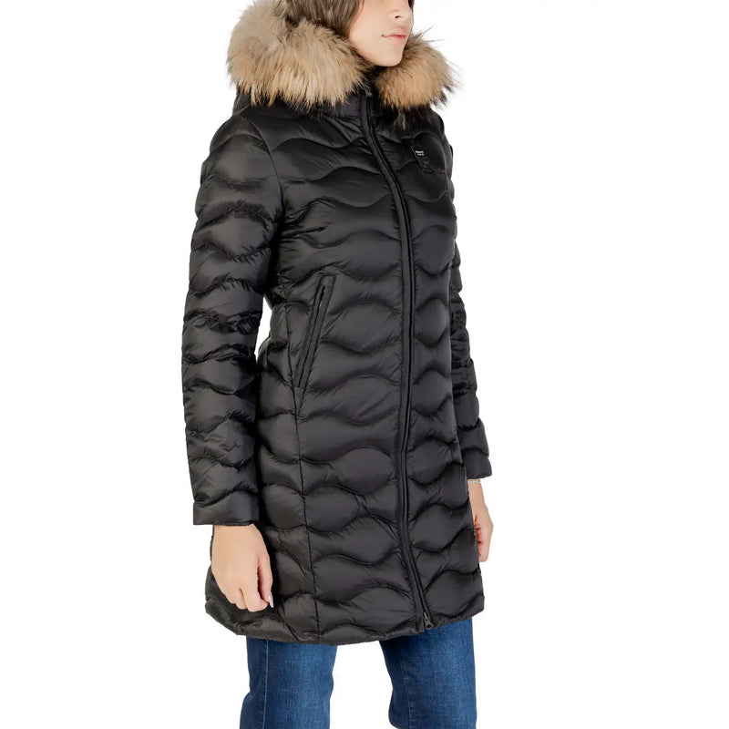 Blauer Gefütterte schwarze Nylonjacke für Damen mit Kapuze, Steppdaunenfüllung und beigefarbenem Fellfutter an der Kapuze für kaltes Wetter