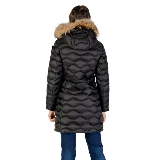 Blauer Gefütterte schwarze Damen-Nylonjacke mit Kapuze, schwarzem Steppmuster und hellbrauner, pelzgefütterter Winterkapuze