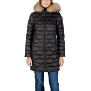 Blauer Gesteppte schwarze Nylonjacke für Damen mit Kapuze, gestepptem Design, hellbraun gefütterter Kapuze und dezenten Markenaufnähern
