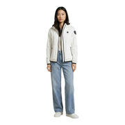Blauer Weiße Damen-Kapuzenjacke aus Nylon-Elastan mit schwarzem Reißverschlussbesatz und Logo-Patches auf Brust und Ärmel