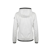 Blauer Weiße Damen-Kapuzenjacke aus Nylon-Elastan mit schwarzem Besatz an Bündchen, Saum und Kragen, Vorderansicht