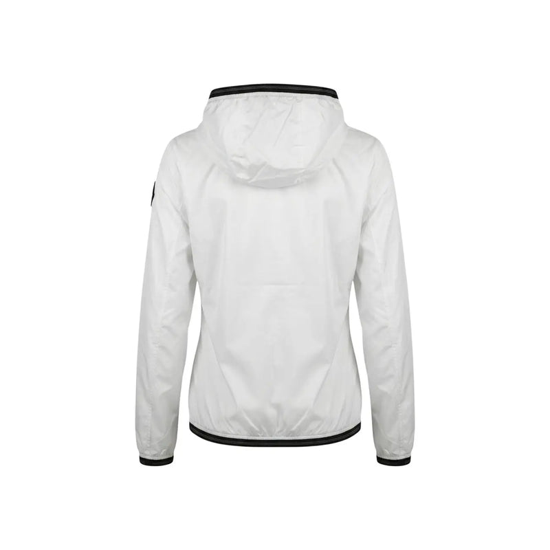 Blauer Weiße Damen-Kapuzenjacke aus Nylon-Elastan mit schwarzem Besatz an Bündchen, Saum und Kragen, Vorderansicht