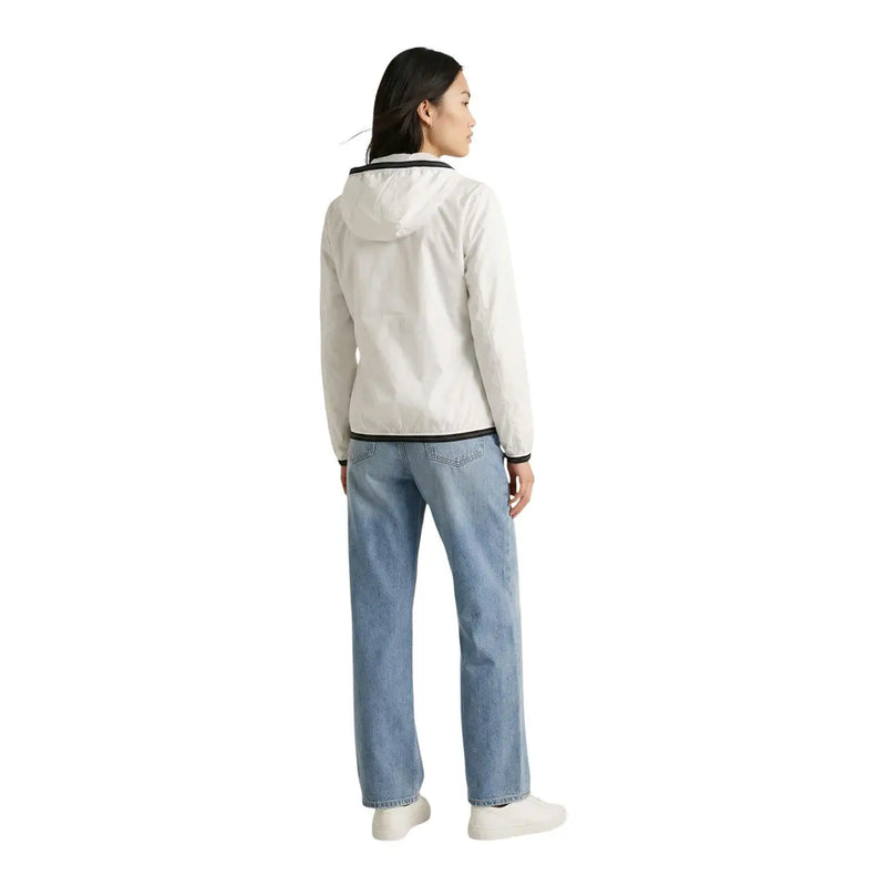 Blauer Weiße Damen-Kapuzenjacke aus Nylon-Elastan mit schwarzem Besatz an Kragen und Bündchen