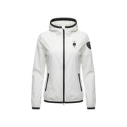 Blauer Weiße Damen-Kapuzenjacke aus Nylon-Elastan mit schwarzem Reißverschlussbesatz und Ärmelaufnäher