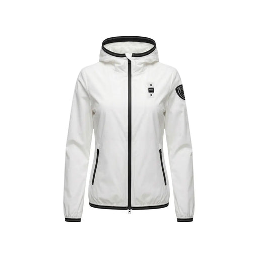 Blauer Weiße Damen-Kapuzenjacke aus Nylon-Elastan mit schwarzem Reißverschlussbesatz und Ärmelaufnäher