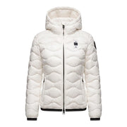 Blauer women white quilted hooded polyester puffer jacket with black zipper and trim for cold weather