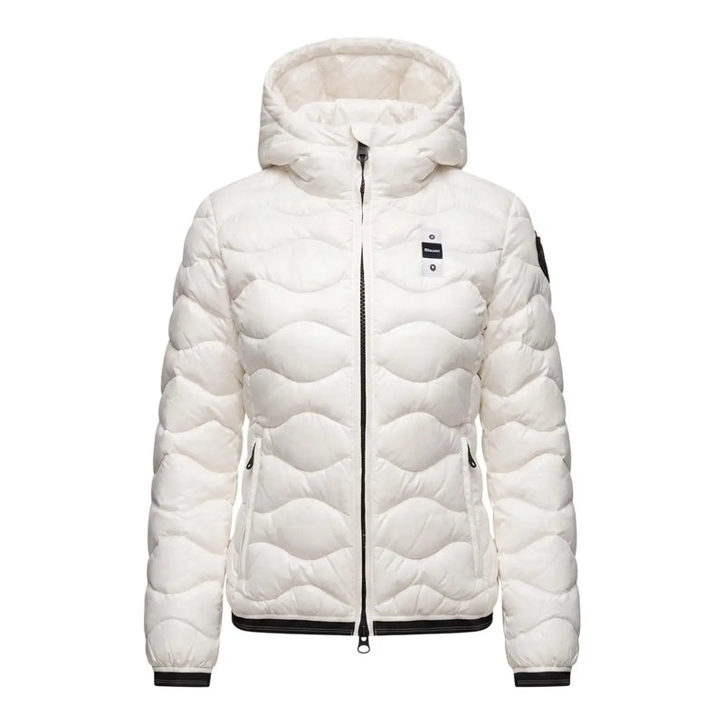 Blauer women white quilted hooded polyester puffer jacket with black zipper and trim for cold weather