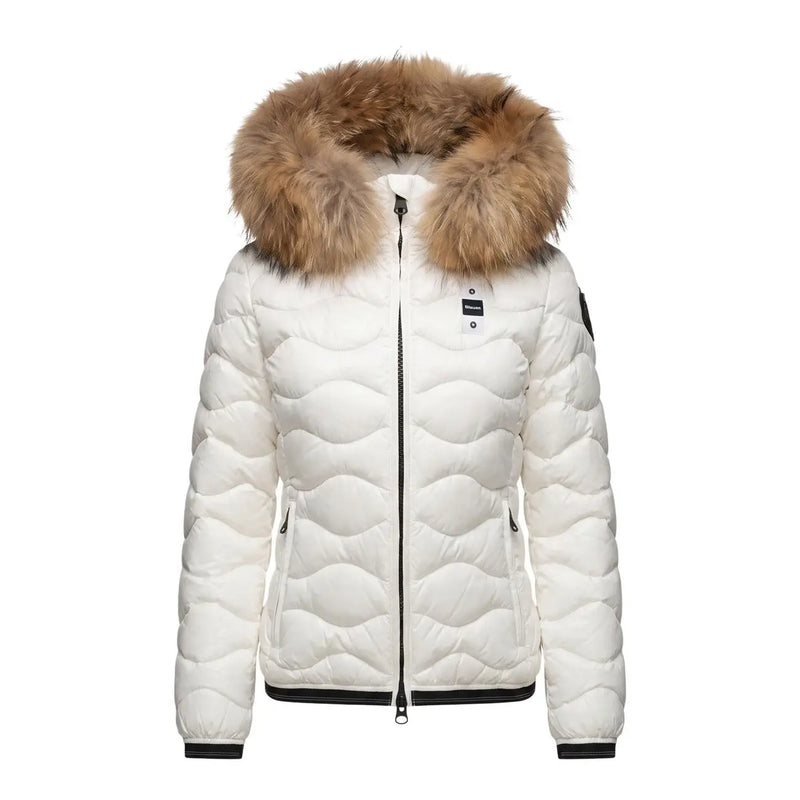 Blauer women white hooded polyester blazer jacket with quilted down, plush brown fur-lined hood, and black trim details