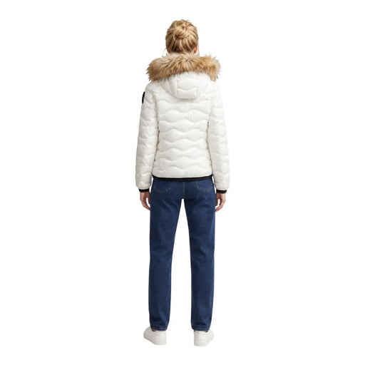 Blauer Weiße, gesteppte Damen-Polyester-Daunenjacke mit hellbraun gefütterter Kapuze und Kapuzenblazer-Stil