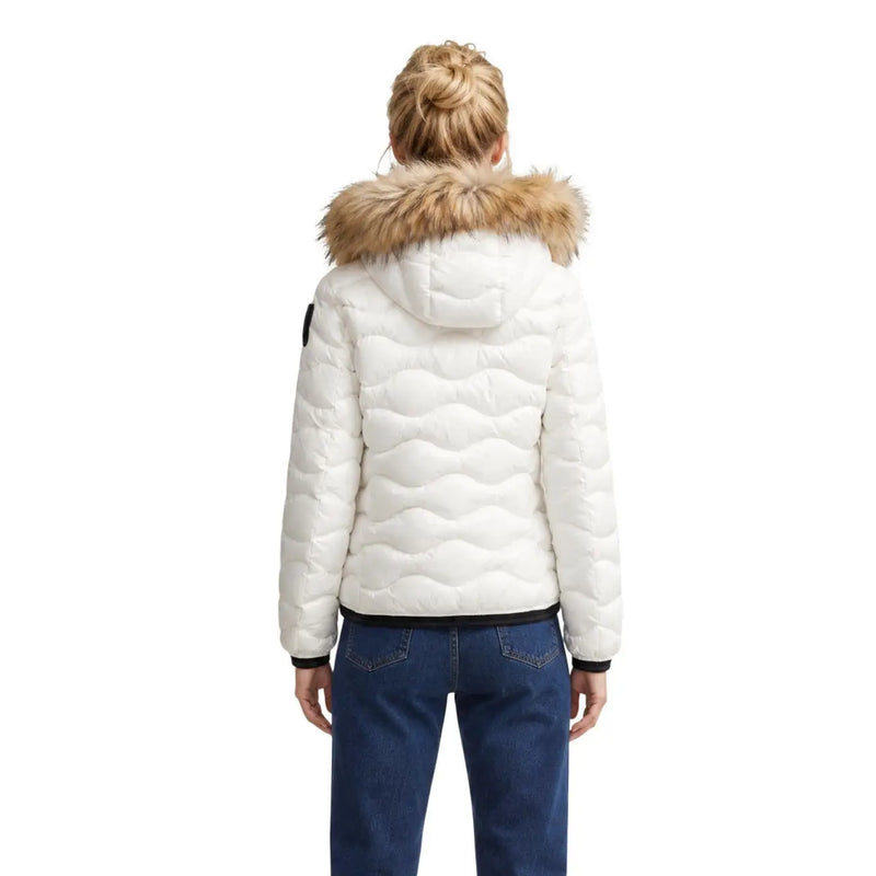 Blauer women white quilted polyester puffer jacket with tan fur-lined hood and black trim