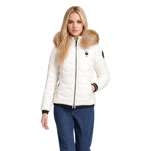 Weiße, gesteppte Polyester-Daunenjacke von Blauer für Damen mit pelzgefütterter Kapuze und schwarzem Besatz