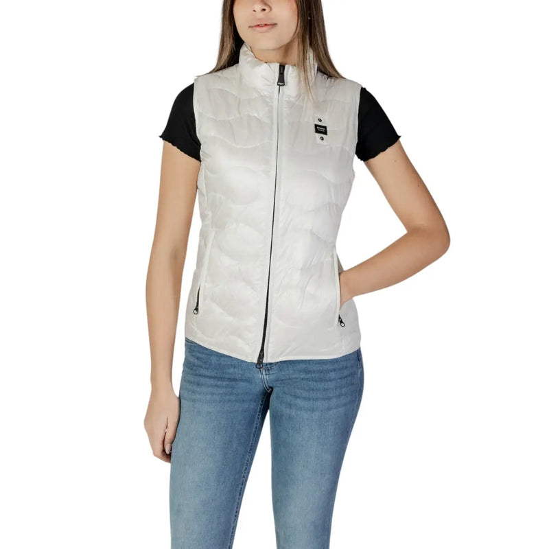 Blauer women’s white quilted puffer turtleneck gilet with black zipper, pockets, and brand patch