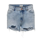 Blue cotton ripped shorts for women featuring light-wash denim with frayed distressed hems and classic five-pocket design