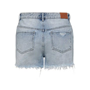 Rückansicht von Blue Cotton Ripped Shorts Für Damen, aus hell gewaschenem Denim, mit ausgefranstem Saum und Used-Look-Tasche
