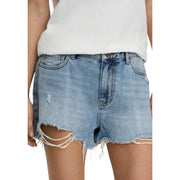 Blue cotton ripped shorts for women featuring light-wash denim with frayed, ripped hems and distressed look