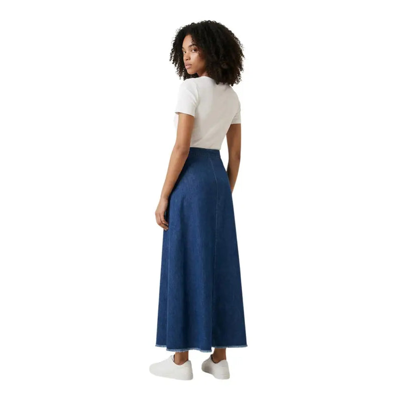 A deep blue cotton denim maxi skirt for women with a high waist and straight hem perfect for spring summer