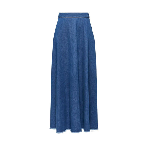 Blue Cotton A-line denim maxi skirt with frayed hem and elastic waistband