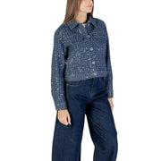 Blue sequined denim blazer and wide-leg jeans for women, perfect for fall winter fashion