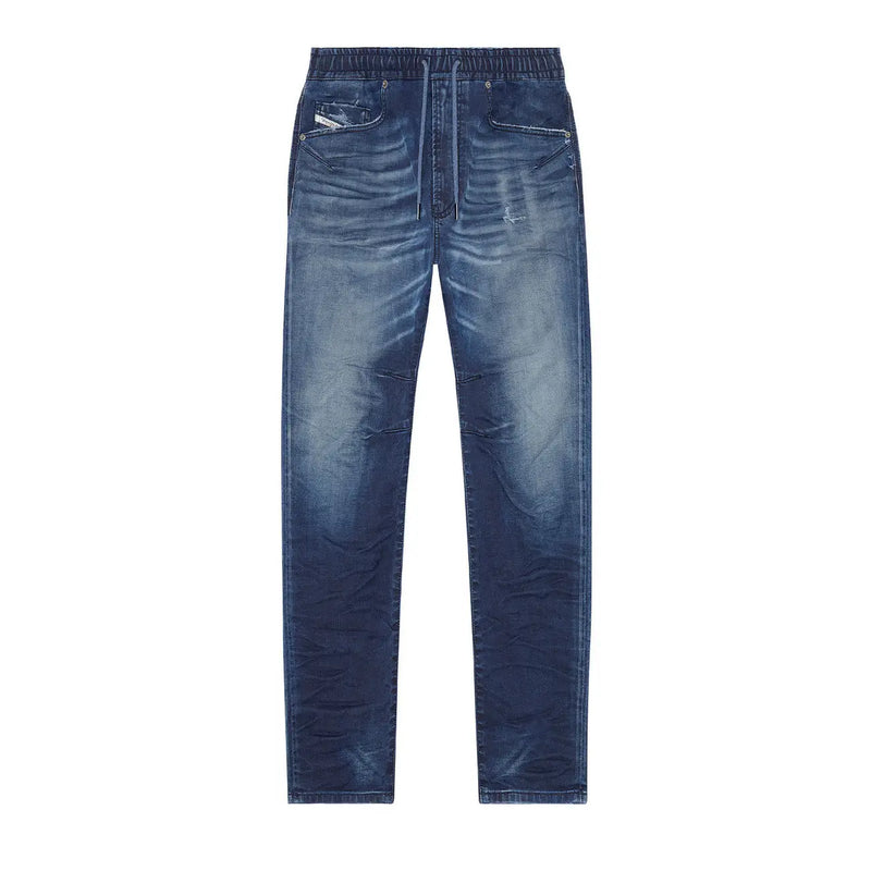 Blue denim jogger and drawstring pants displayed in a product image