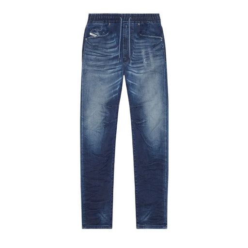 Blue denim jogger and drawstring pants displayed in a product image