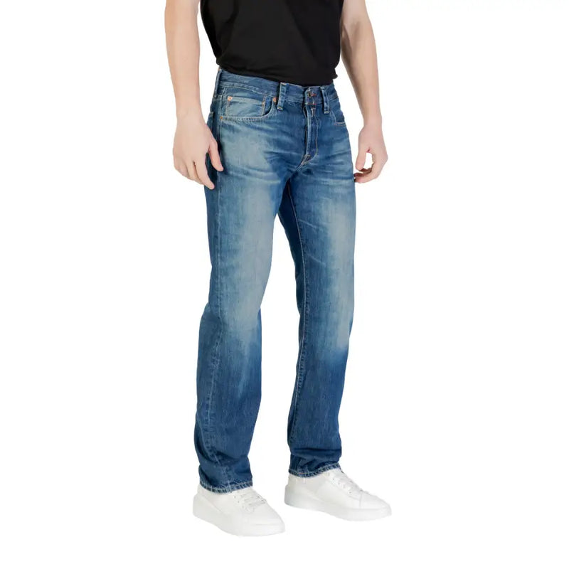 Blue denim jeans with a faded wash and classic five-pocket design made from durable denim fabric