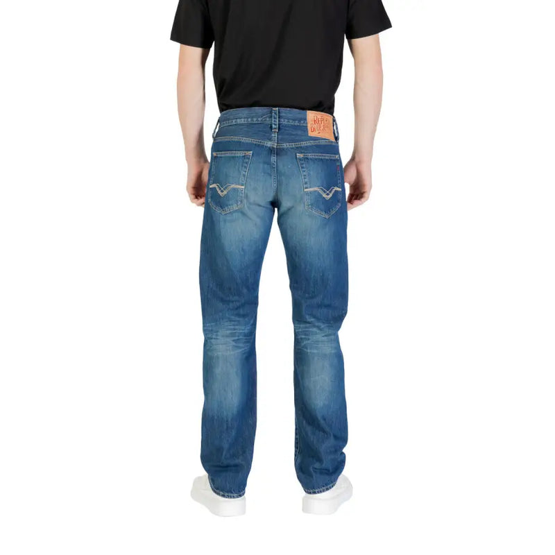 Blue denim jeans displayed in a product listing offering stylish and durable apparel
