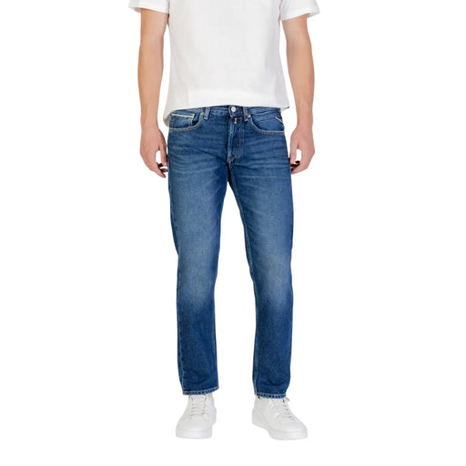 Classic blue denim jeans with a straight-leg cut and subtle fading made from durable cotton denim fabric
