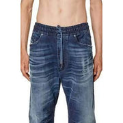 Blue denim jogger and drawstring pants displayed front view
