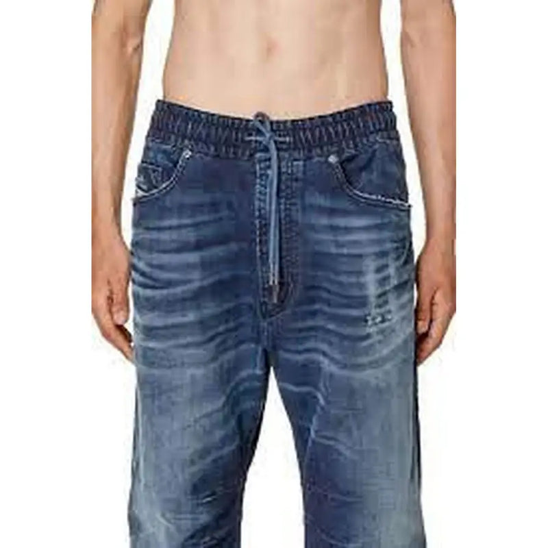 Blue denim jogger and drawstring pants displayed front view