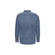 Men Blue Denim Long Sleeved Shirt displayed for stylish men’s casual wear