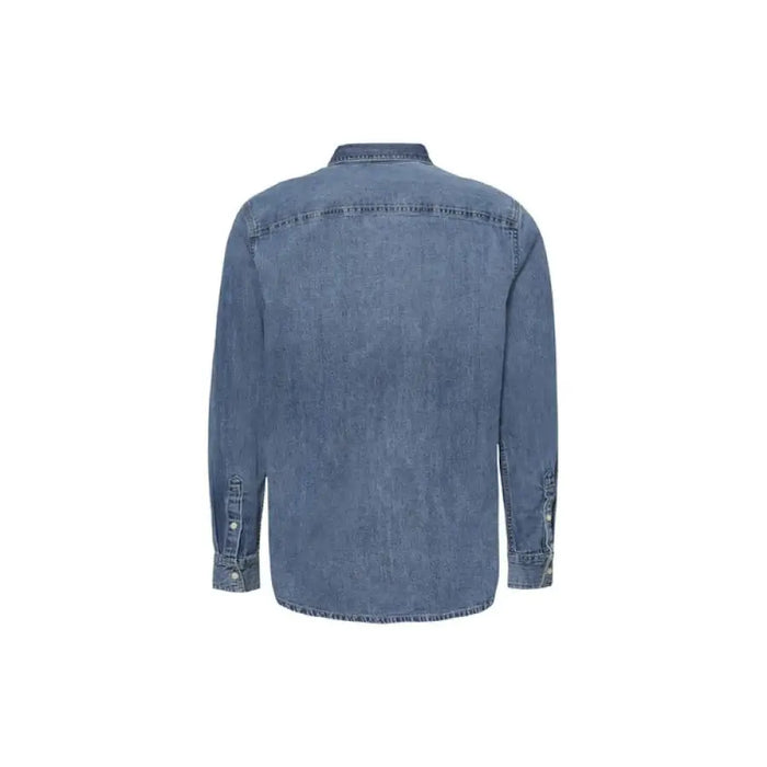 Men Blue Denim Long Sleeved Shirt displayed for stylish men’s casual wear