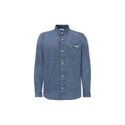 Men Blue Denim Long Sleeve Shirt displayed in a retail store