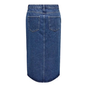 Blue denim midi skirt with front slit, stylish and versatile fashion apparel