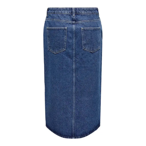 Blue denim midi skirt with front slit, stylish and versatile fashion apparel
