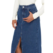 Blue denim midi skirt with front slit displayed in the product image