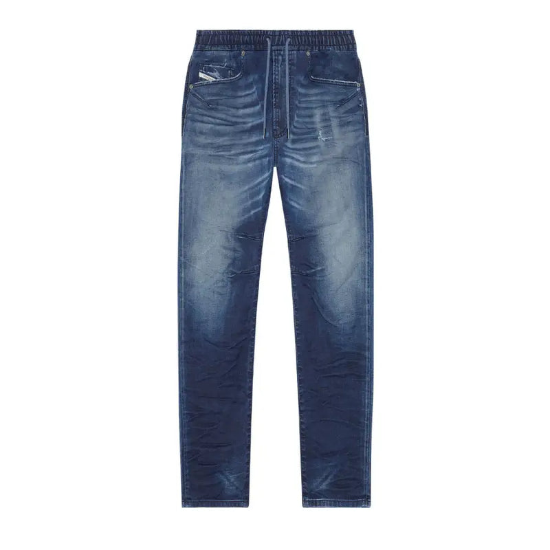 Blue denim jogger and drawstring pants displayed in a product image