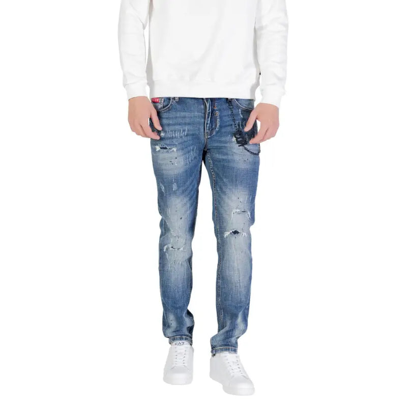 Blue distressed cotton stretch jeans for men with faded wash and intentional rips at the knees