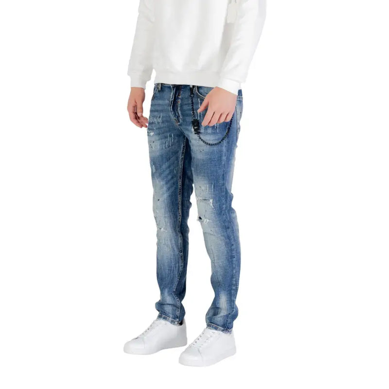 Blue distressed cotton stretch jeans for men with ripped details and a chain accessory on the front pocket