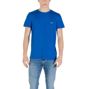 Blue Lacoste men’s short round neck T-shirt displayed in the product image