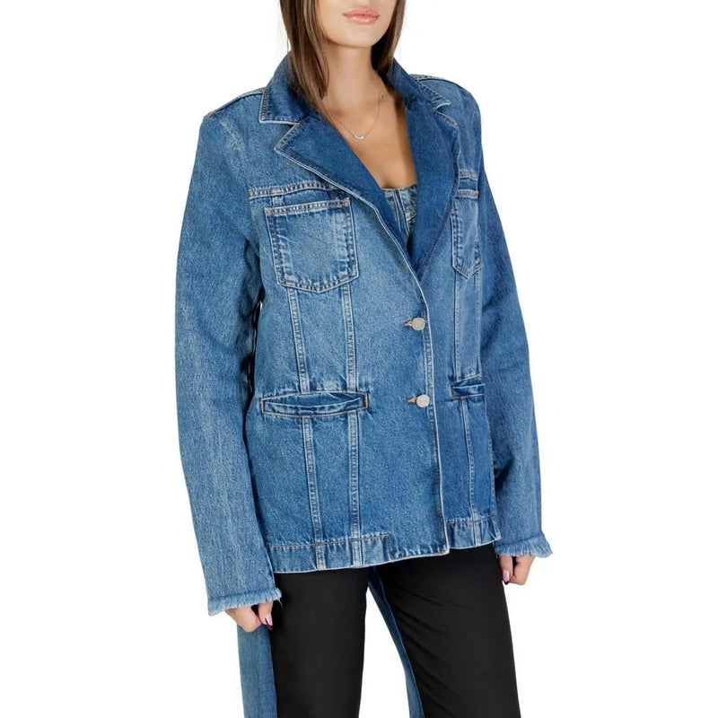 Blue long sleeve blazer for women made of denim featuring a classic double-breasted design and frayed cuffs with front pockets