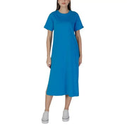 Blue midi t-shirt dress from B.young featuring a round neck design and cotton fabric