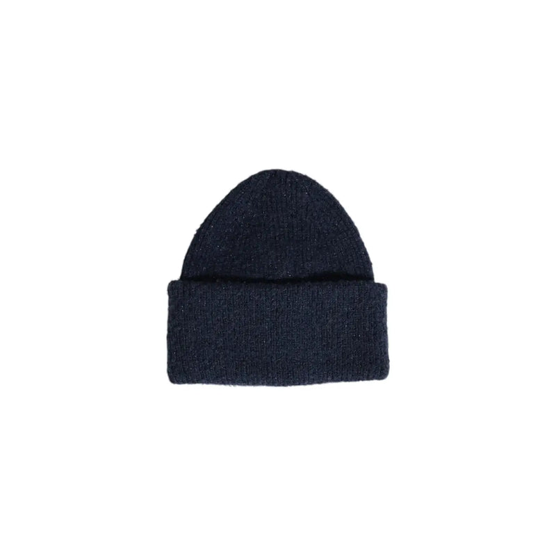 A navy blue polyester women’s cap with ribbed texture and folded cuff suitable for fall and winter wear