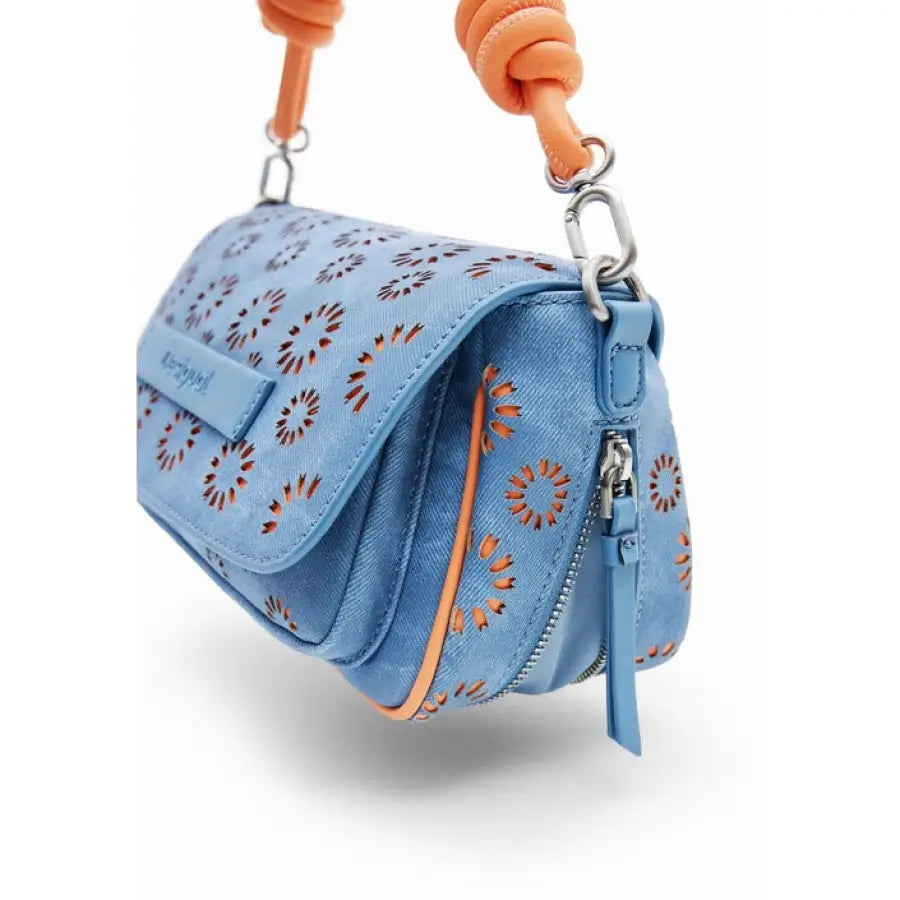 Desigual women bag featuring a blue purse with zipper and orange handle