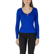 Blue ribbed long-sleeved top showcased with Morgan De Toi Women’s White Knit Sweater