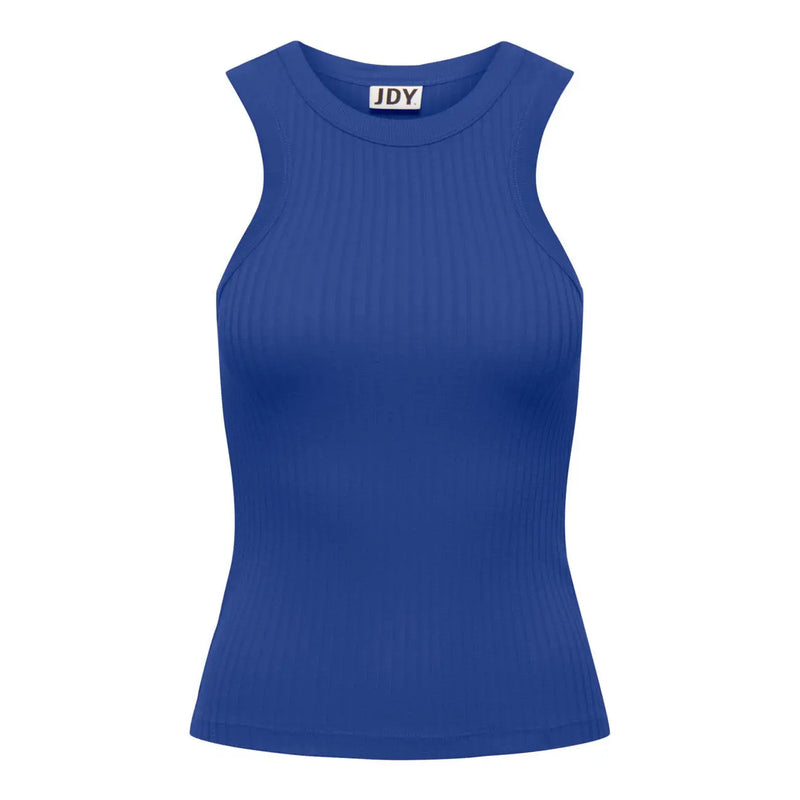 A royal blue ribbed sleeveless tank top with a round neckline and jdy brand tag at the collar